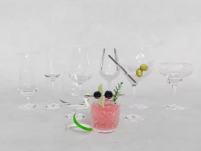 Glass Tableware Set Including Various Cocktail Glasses Garnishes Olives Blackberries Rosemary and Stirrers 3d model