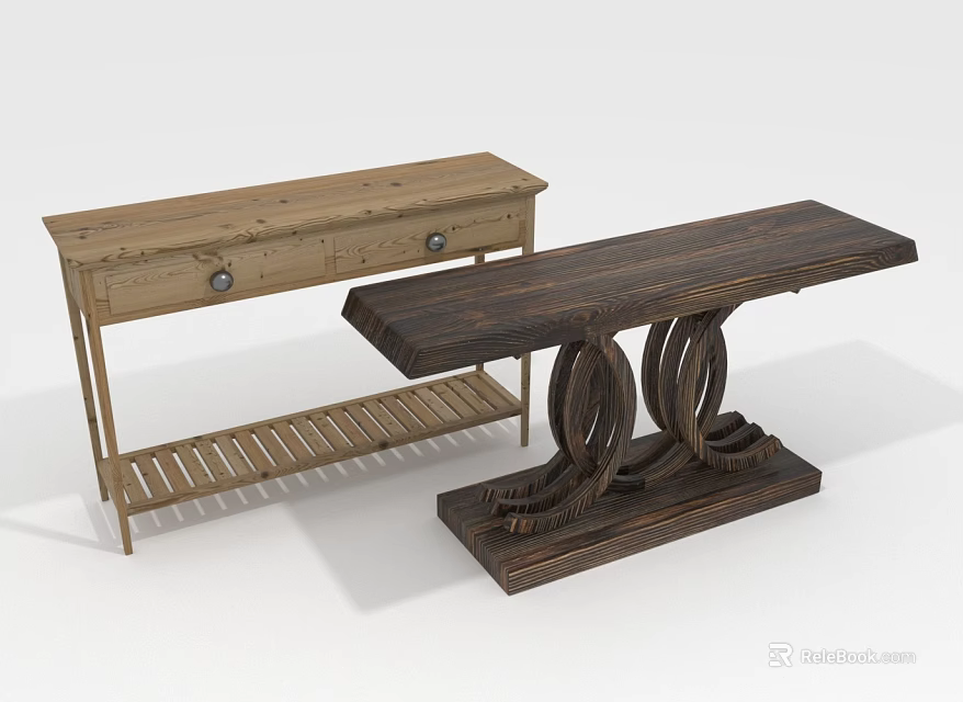 Light And Dark Wooden Console Tables With Drawer Shelf And Spiral Legs Design 3d model 