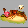 Three Cute Pig Toys With Pink Red White Colors On Grass Field And Wooden Fence