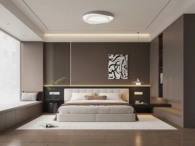Modern Minimalist Bedroom Interior With White Bed Abstract Wall Art And Wooden Flooring 3d model