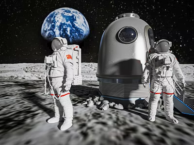 White Astronaut Spacesuits For Lunar Surface Mission With Earth And Capsule View 3d model