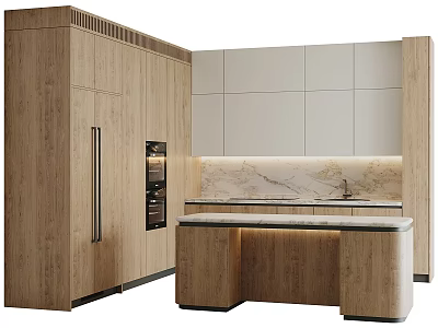 Modern Kitchen Interior With Wooden And White Cabinets And Marble Island Countertop 3d model