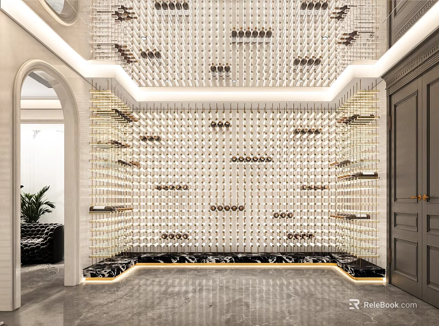 Modern Wine Cellar Interior Design With Wall Mounted Racks And Wine Bottles 3d model 