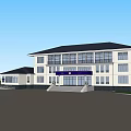 Modern Two Story Building With White Exterior Blue Awning And Large Windows