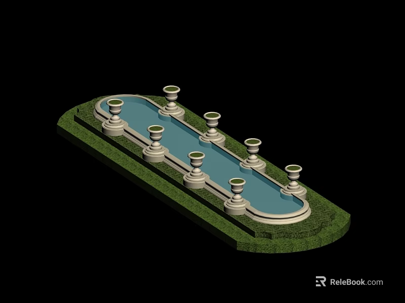 Garden Ornament Featuring Rectangular Pool With Multiple Pedestals On Green Lawn 3d model