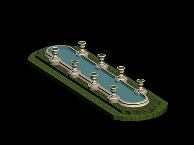 Garden Ornament Featuring Rectangular Pool With Multiple Pedestals On Green Lawn 3d model