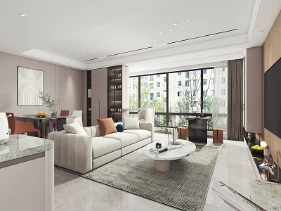 Modern Living Dining Room Interior With Beige Sofa Dining Table Area Rug And Large Windows 3d model