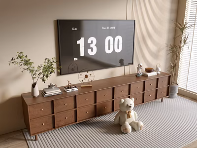 Cozy TV Stand With Multiple Drawers And Cabinets Holding TV Green Plants And Stuffed Toy 3d model