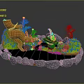 Decorative Garden Scene With Green Grass Stone Border Small Pool Orange Trunk And Red Flowers