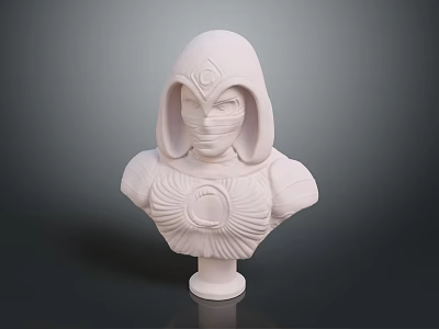 White Sculpted Bust of Hooded Masked Character With Intricate Chest Design and Pedestal Base 3d model