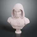 White Sculpted Bust of Hooded Masked Character With Intricate Chest Design and Pedestal Base
