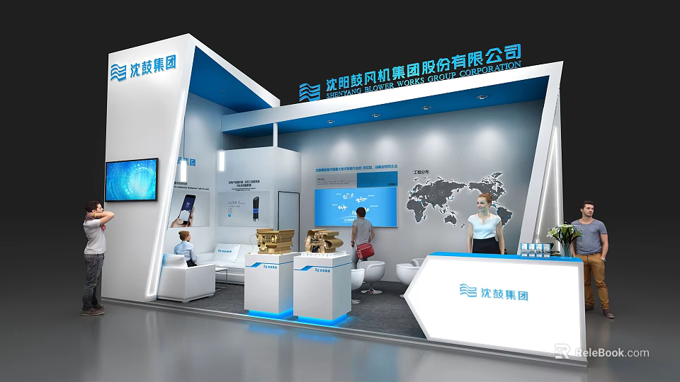 Shengu Group Exhibition Booth Design with World Map Display and Modern Blue White Interior Setup 3d model 
