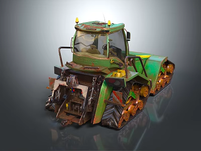 Green Tracked Military Vehicle With Worn Exterior And Warning Lights 3d model