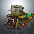 Green Tracked Military Vehicle With Worn Exterior And Warning Lights