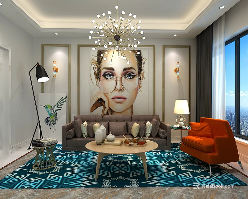 Stylish Modern Living Room With Unique Chandelier And Art Portrait Wall And Cozy Home Furniture 3d model 