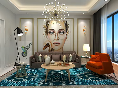 Stylish Modern Living Room With Unique Chandelier And Art Portrait Wall And Cozy Home Furniture 3d model