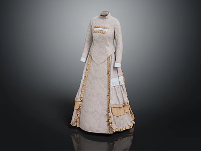 Vintage High Neck Long Sleeve Beige Dress With Ruffled Trim And Jacquard Fabric 3d model