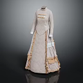 Vintage High Neck Long Sleeve Beige Dress With Ruffled Trim And Jacquard Fabric