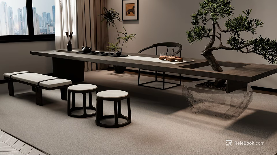 Modern Wooden Tea Table And Chairs With Round Stools And Green Plant By Window 3d model 