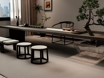 Modern Wooden Tea Table And Chairs With Round Stools And Green Plant By Window 3d model
