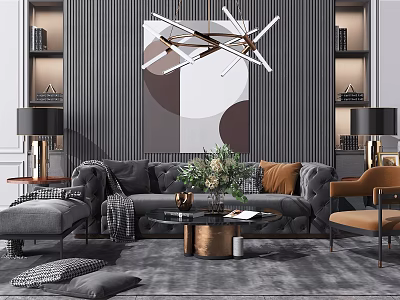 Modern Coffee Table in Living Room with Gray Sofa Orange Armchair Decorative Painting and Chandelier 3d model