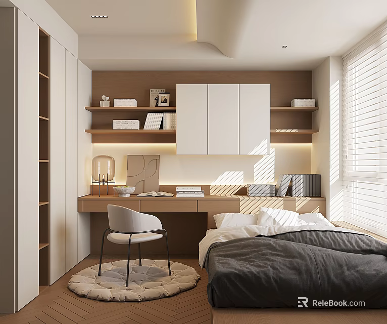 Tatami Bedroom Interior With Bed Desk Chair Wooden Storage Shelves And Window Blinds 3d model 
