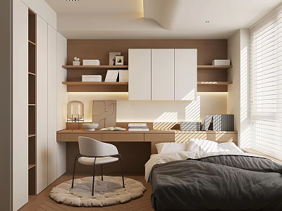 Tatami Bedroom Interior With Bed Desk Chair Wooden Storage Shelves And Window Blinds 3d model