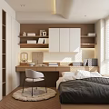 Tatami Bedroom Interior With Bed Desk Chair Wooden Storage Shelves And Window Blinds