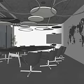 Modern Conference Room Interior With Round Table Circular Pendant Lights And World Map Wall Decor