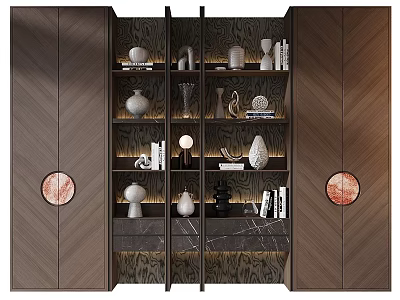 Modern Wooden Decorative Cabinet With Shelves Displaying Vases Sculptures And Books 3d model