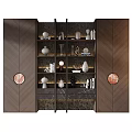 Modern Wooden Decorative Cabinet With Shelves Displaying Vases Sculptures And Books