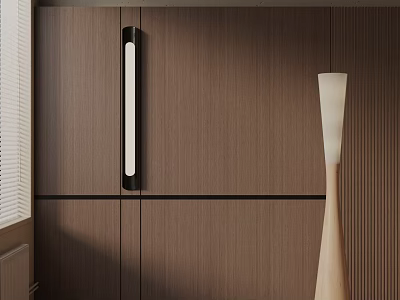 Modern Interior Design With Stylish Wooden Floor Lamp And Wall Paneling 3d model
