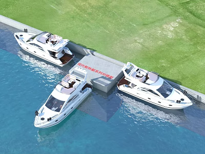 Luxury White Yachts Moored at Waterfront with Green Grass and Dock 3d model