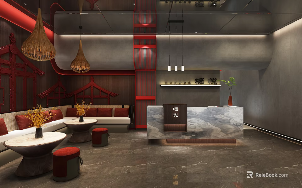 Elegant Hotel Lobby With Red Accents Chandeliers Sofa Seating Potted Plants And Marble Reception Desk 3d model 