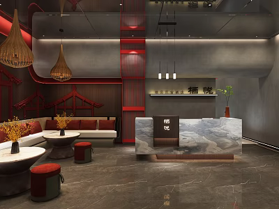Elegant Hotel Lobby With Red Accents Chandeliers Sofa Seating Potted Plants And Marble Reception Desk 3d model