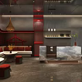 Elegant Hotel Lobby With Red Accents Chandeliers Sofa Seating Potted Plants And Marble Reception Desk