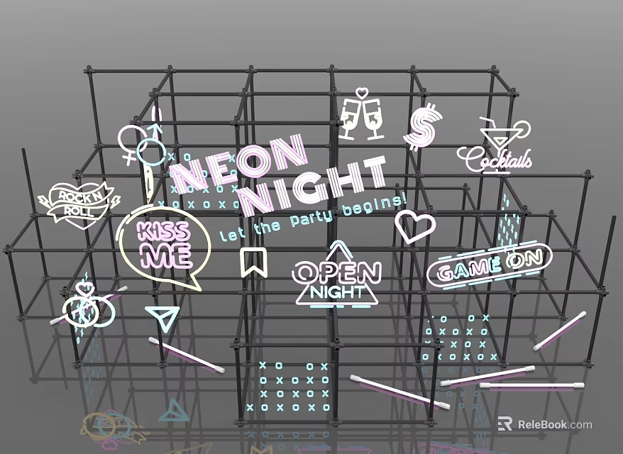 Neon Decorated Grid Display Furniture With Night Party Signs And Game Icons 3d model 