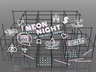 Neon Decorated Grid Display Furniture With Night Party Signs And Game Icons 3d model