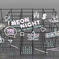 Neon Decorated Grid Display Furniture With Night Party Signs And Game Icons
