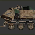 Futuristic Copper Off Road Car With Green Tarp Metal Structure Front Plow And Multiple Wheels