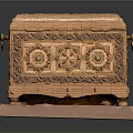 Decorative Wooden Chest With Intricate Carvings Geometric Motifs And Wooden Base