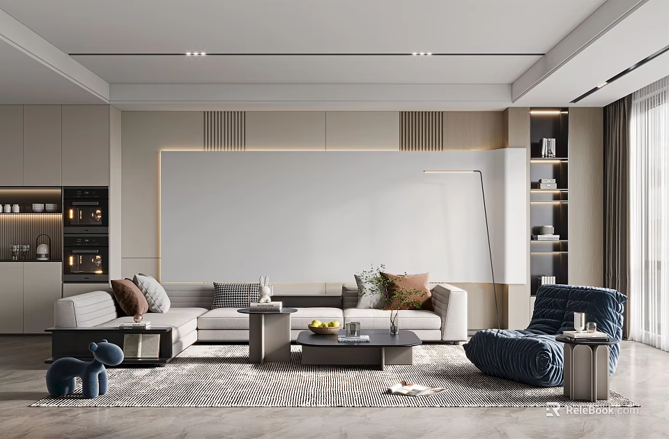 Modern Living Room Interior With Light Gray Sofa Throw Pillows Coffee Table And TV Wall 3d model 