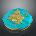 Yellow Island Model With Blue Wavy Base Mountains And Buildings