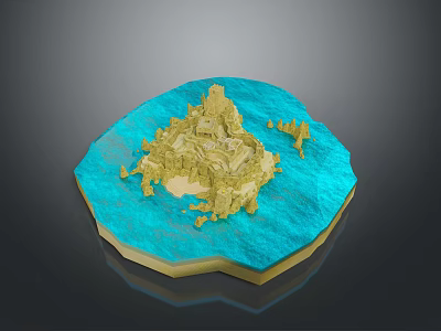 Yellow Island Model With Blue Wavy Base Mountains And Buildings 3d model