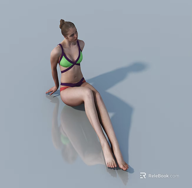 A Woman In Colorful Bikini Sitting On Smooth Reflective Surface With Shadow 3d model 