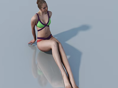 A Woman In Colorful Bikini Sitting On Smooth Reflective Surface With Shadow 3d model