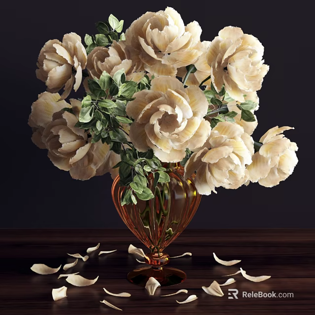 Cream Flowers with Green Leaves in Brown Glass Vase on Dark Table with Scattered Petals 3d model 