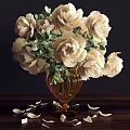 Cream Flowers with Green Leaves in Brown Glass Vase on Dark Table with Scattered Petals