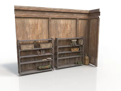 Rustic Wooden Wall Corner With Metal Shelves Holding Household Items Baskets Books And Jars 3d model