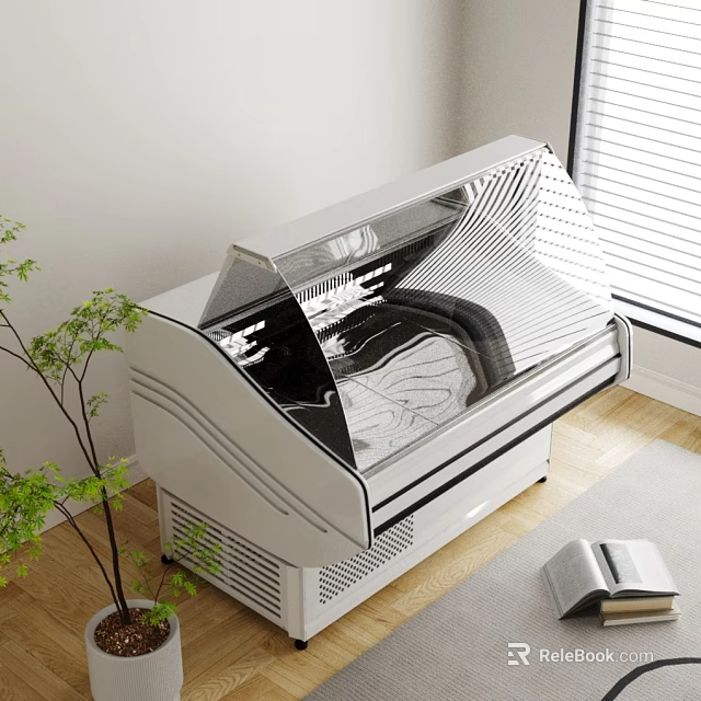 Modern Horizontal Freezer with Transparent Lid in Indoor Space near Plant and Window 3d model 